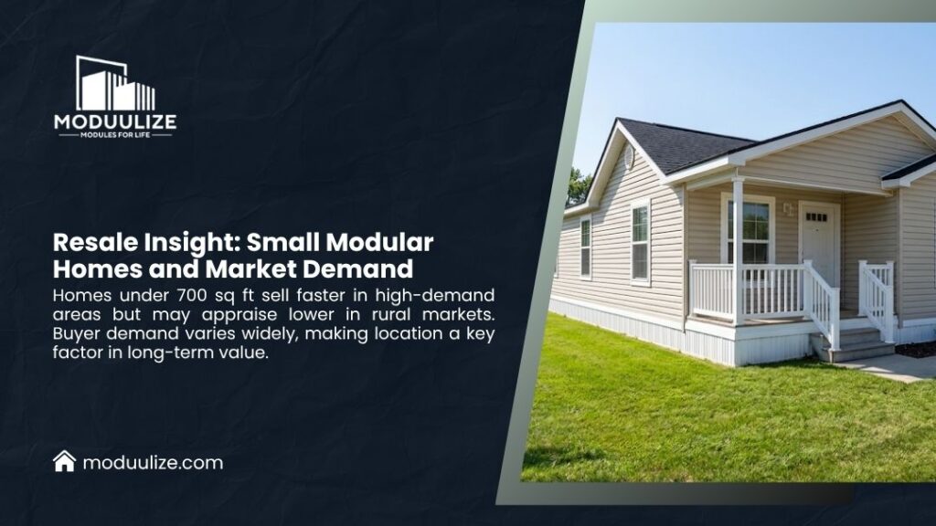 Single-story beige small modular home with dark roof, white porch railing, front door, and large windows, situated on a green lawn under clear blue sky.