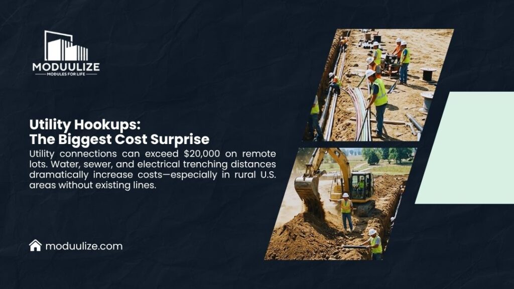 Construction workers installing utility hookups with excavator digging trenches and laying pipes on a rural development site