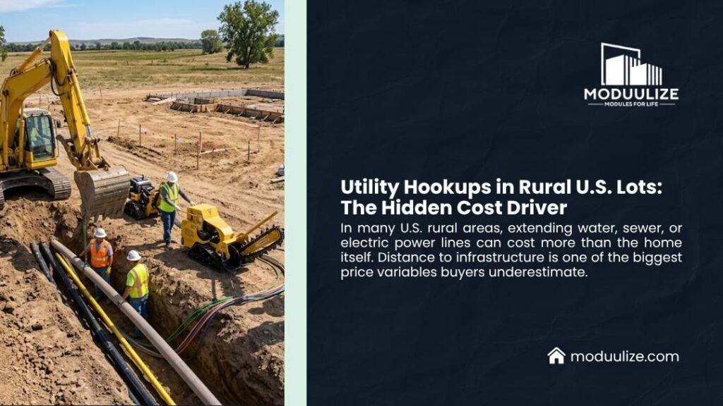 Workers installing underground utility lines on rural lot — utility hookups in rural U.S. lots as a hidden cost driver for modular home buyers.