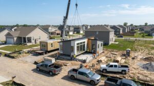 Aerial view of a 1200 sq ft modular home being installed by crane on a concrete foundation in a suburban development, with construction crew and trucks on site