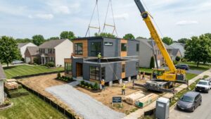 Modern two-story modular home being lifted by a large yellow crane and installed on its foundation in a suburban neighborhood, with construction crew on site.