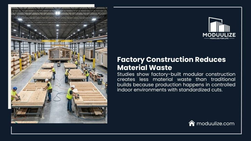 Moduulize graphic "Factory Construction Reduces Material Waste" showing workers assembling wooden modular home frames in a large, well-lit factory setting.