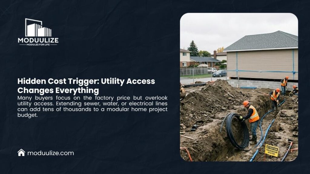Moduulize infographic "Hidden Cost Trigger: Utility Access Changes Everything" showing construction workers installing underground utility lines and pipes at a modular home site.