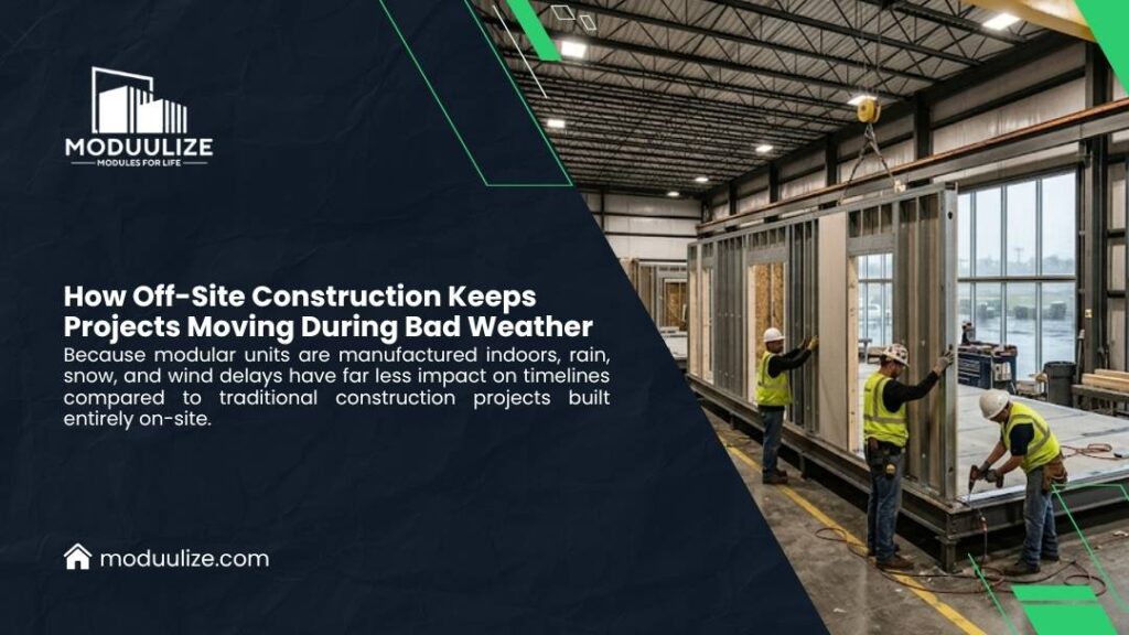 Moduulize infographic "How Off-Site Construction Keeps Projects Moving During Bad Weather" with factory workers assembling large modular building sections indoors.