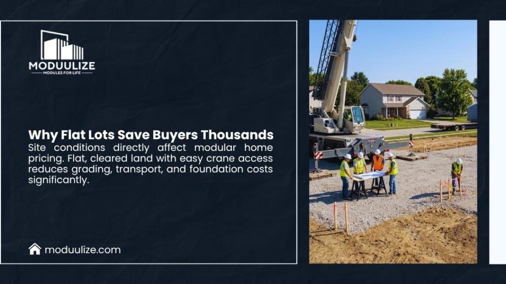 Construction crew reviewing plans on a flat cleared lot with a crane nearby, illustrating why flat lots save buyers thousands on modular home grading and foundation costs.