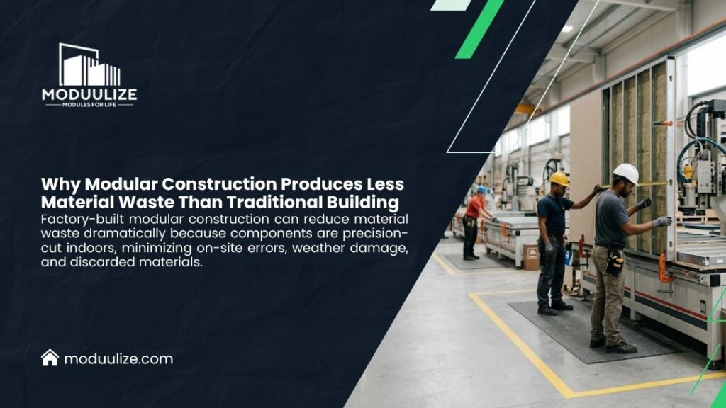 Moduulize infographic "Why Modular Construction Produces Less Material Waste Than Traditional Building" showing factory workers assembling precision building modules.